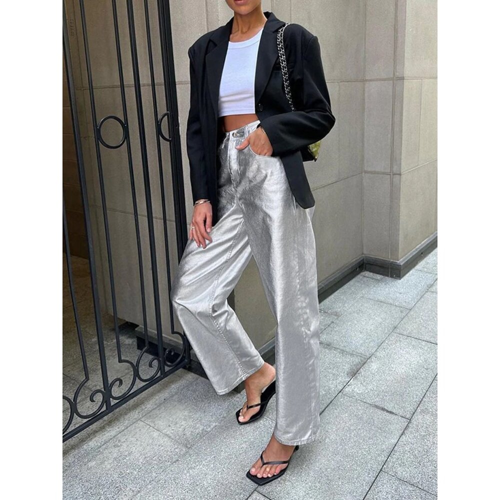 Commense NWT Metallic Faux Leather Straight Leg Pants in Silver size XS